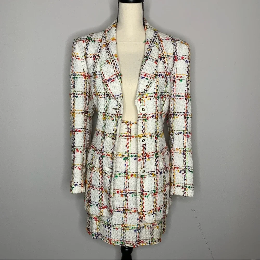 Doncaster Vintage Multicolor Tweed Plaid 2 Piece Skirt Suit Set - Picture 5 of 14